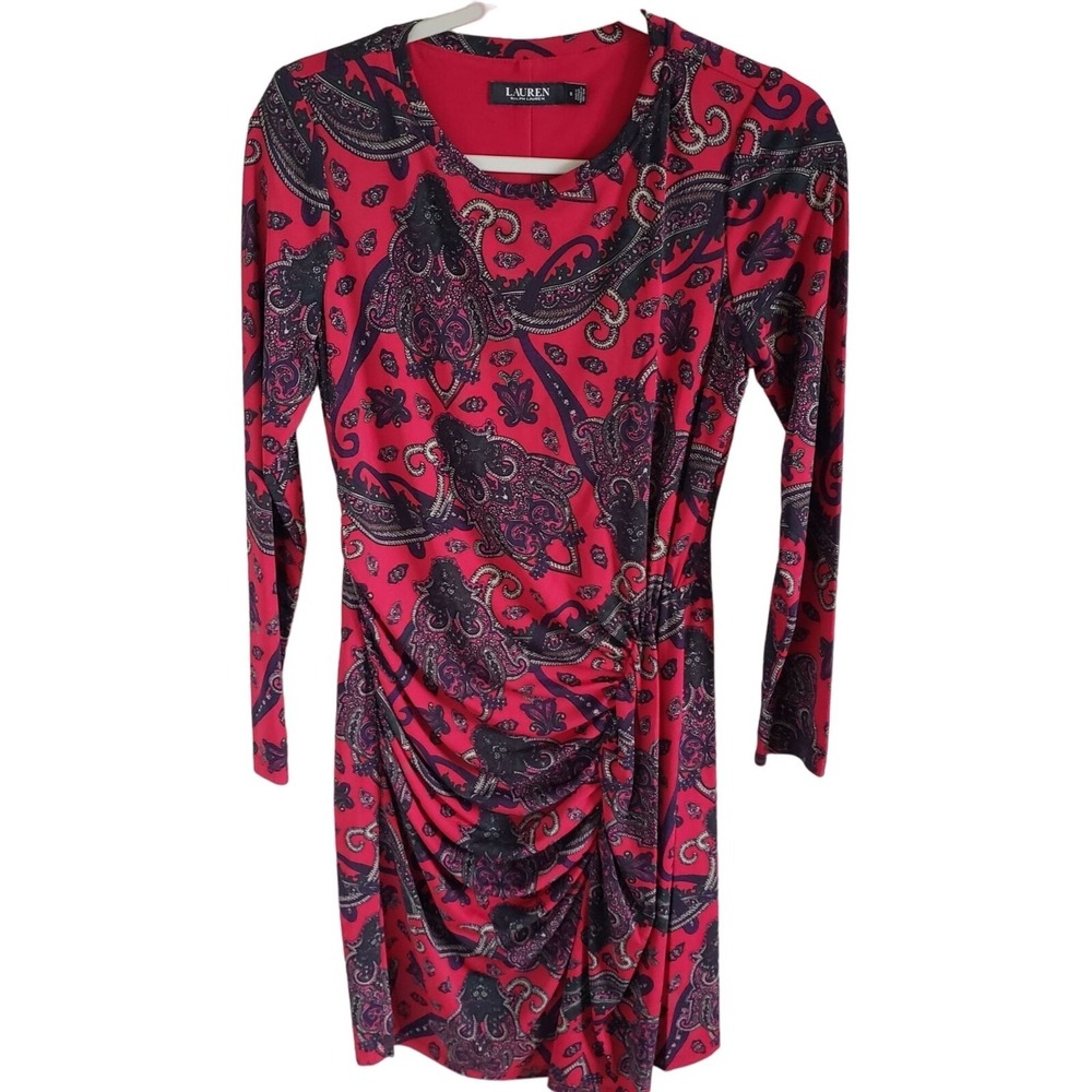 Lauren Ralph Lauren Woman Black Label Size 8 Faux Wrap Ruched Sheath Dress Lined